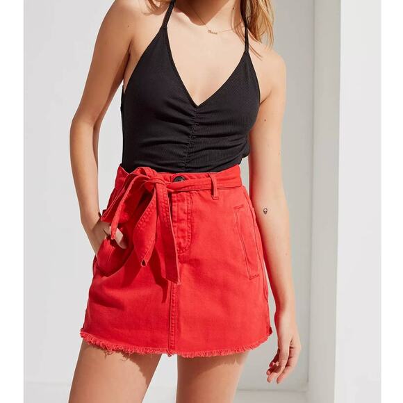 BDG Urban Outfitters Twill Frayed Mini Skirt Tie Waist Denim Fringe Raw Hem - Picture 3 of 12